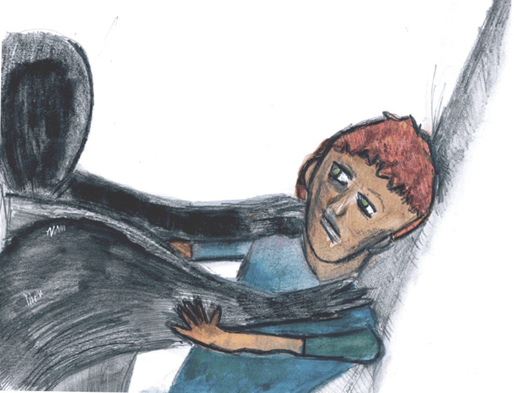 Drawing of a shadowy figure holding a man down
