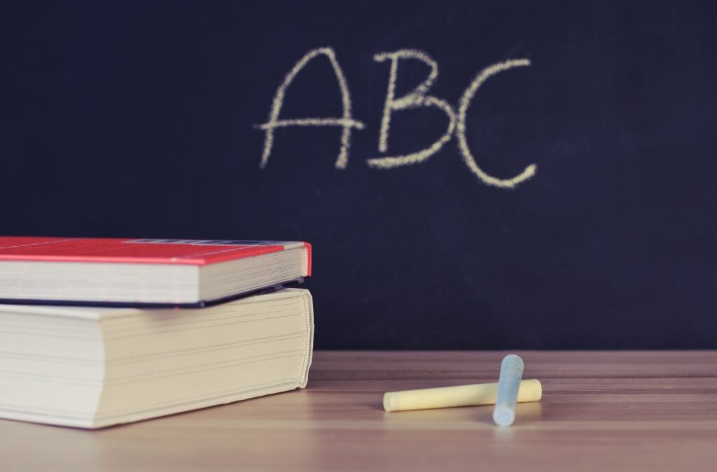 Photo of a blackboard with ABC written, books and chalk