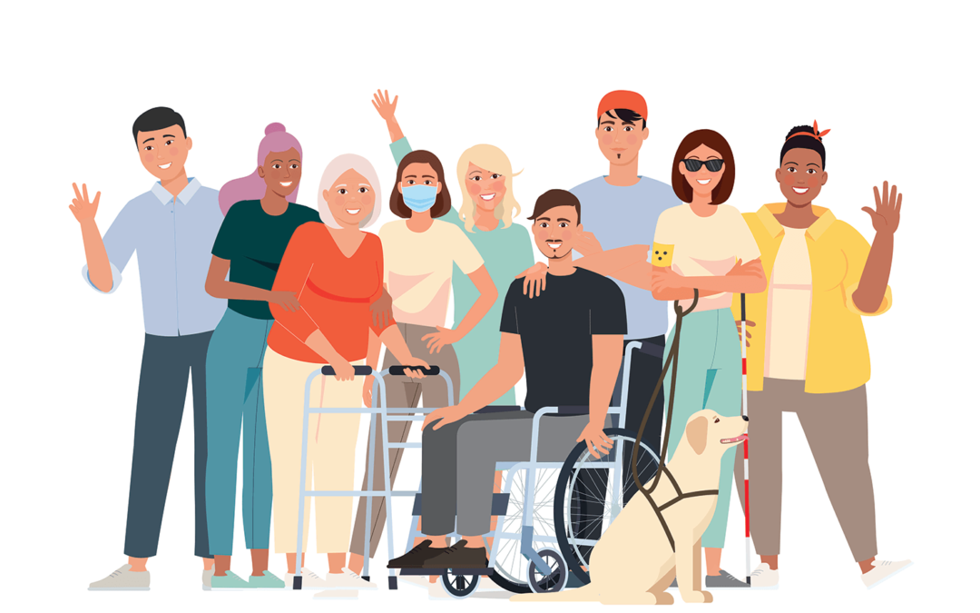 Cartoon image of a group of disability and ethnically diverse people, including a man in a wheelchair, a blind woman with a guide dog, an elderly woman with a mobility walker and a women with compromised immunity wearing a mask.