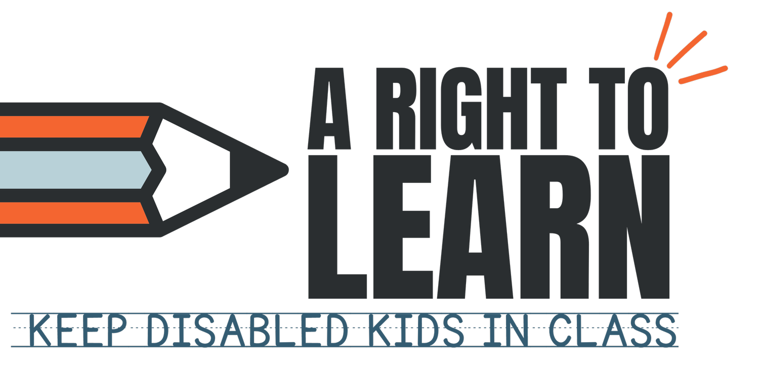 A+RIGHT+TO+LEARN logo Logo with blue and orange pencil pointing to text "A Right to Learn" with tagline "Keep disabled kids in class".