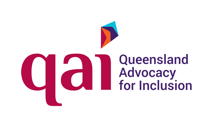 QAI Logo Landscape RGB LoRes New Queensland Advocacy for Inclusion logo, it has maroon lower case letters "q a i" with a kite for the dot of the 'i' in four coloured segments from maroon to orange then purple and finally blue for the tip of the kite shape. To the right is purple text "Queensland Advocacy for Inclusion".